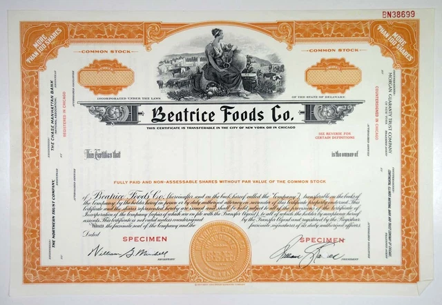 Beatrice Foods Co., 1960s 100 Shares Specimen Stock Certificate, VF SCBN