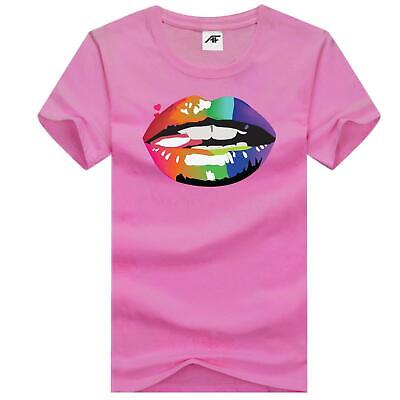 Le donne Labbra arcobaleno Stampato T Shirt Bambina Manica Corta Top Camicia MUSICALI palestra 7813