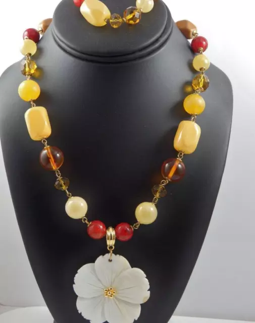 Joan Rivers Parure Gold, Red, Beige, Bead Bracelet and Necklace with MOP Flower 2