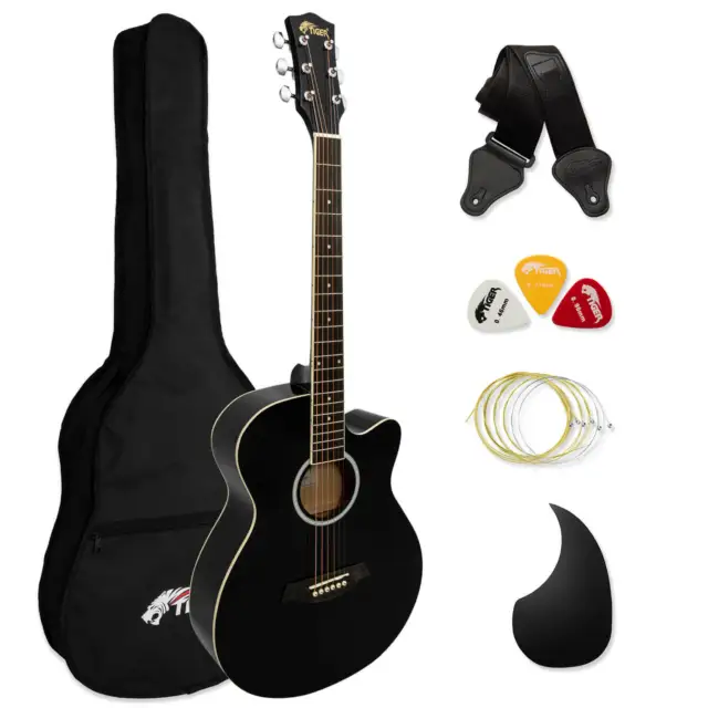 Tiger Full Size Beginners Acoustic Guitar Package, Bag, Strap & Strings - Black