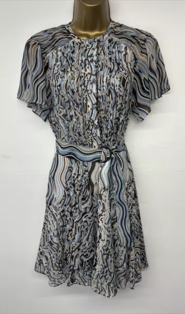 Reiss Mildred Mini Dress Blue Multi Swirl Geo Print Flare Pleat Pockets UK 8