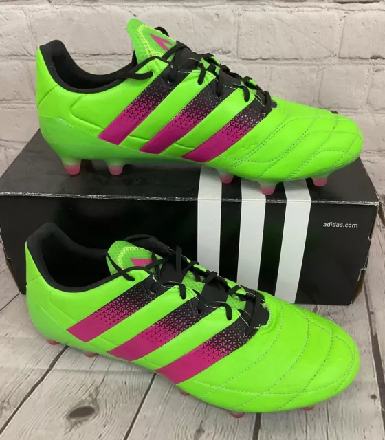 Botines de fútbol Adidas ACE 16.1 FG/AG de cuero para hombre verde solar rosa negro EE. UU. 8