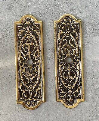 Pr Antique Ornate Brass Door Plate Floral Torch Ribbons Bows Filigree Boston MA