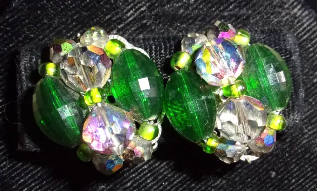 Lovely Large Vintage Cut Crystal & Lucite Hand Wired Clip On Cluster Earrings