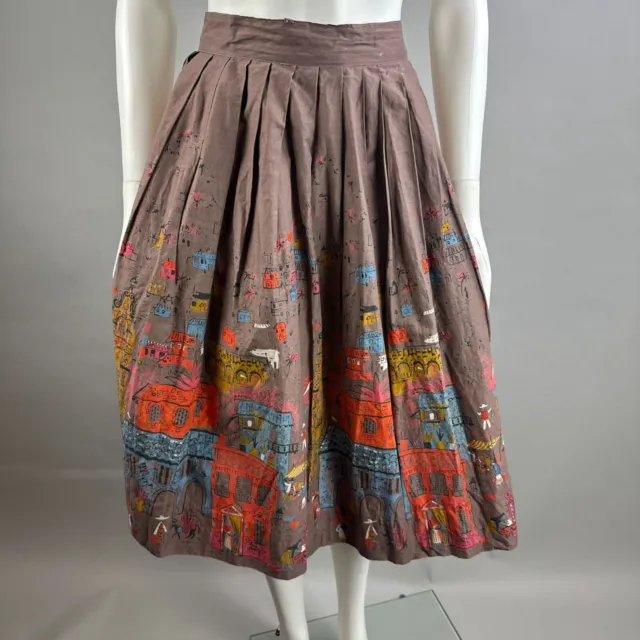Vtg 50s Brown Millworth Hacienda Mexico City Village Novelty Print Skirt Size XS