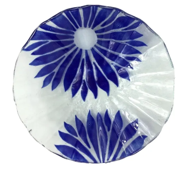 SYDENSTRICKER Fused Glass Bowl Cobalt Blue Daisy Flower Fluted Dish 8" EUC
