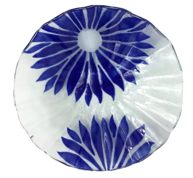 Sydenstricker Hand Made USA Fused Art Glass 8” Bowl Dish Plate Blue Daisy