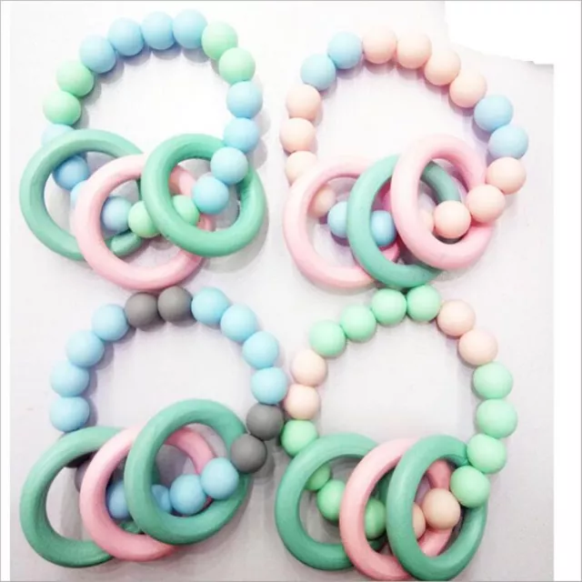 1pcs Baby Wooden Teether Bracelet Natural Wood Ring Silicone Beads Safe Toys