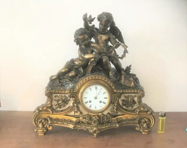 Ancien Pendule en Bronze signée PICARD Décor ANGELOTS 45cm 19eme Anges Horloge