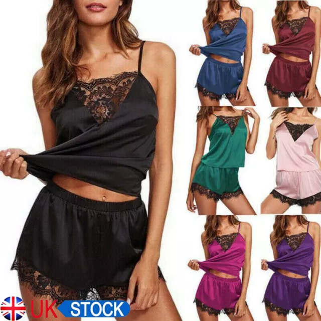 Women Ladies Satin Silk Lace Vest Cami Shorts Lingerie Pyjamas Set Pj Sleepwears