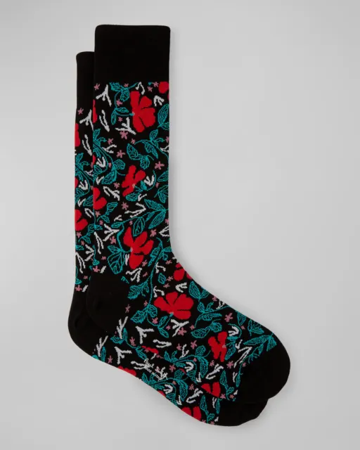 $30 Paul Smith Men's 1-Pair Black Logo Knit Cotton Dress Floral Sock One Size