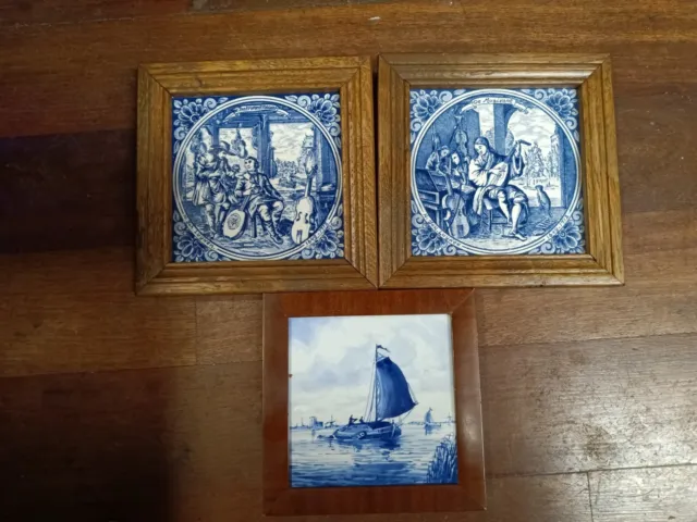 Vintage Lot 3 Delft Blauw Framed Tile Sailboat Musicians Luyken Signed