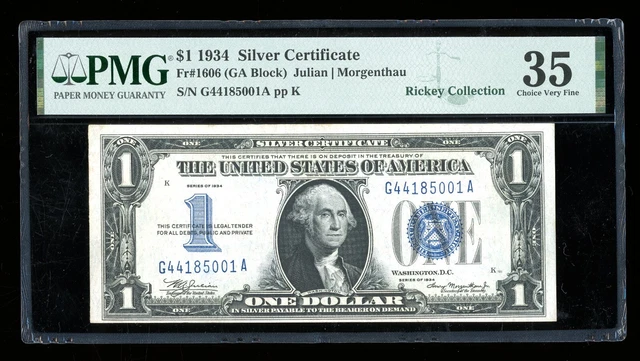 DBR 1934 $1 Silver Funnyback Fr. 1606 GA Block PMG 35 Serial G44185001A