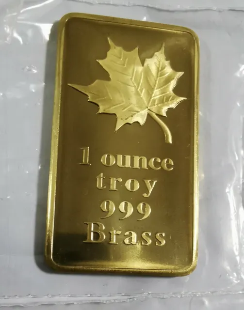 1 oz One Troy Ounce Maple Leaf .999 Fine Brass Bullion Bar Ingot