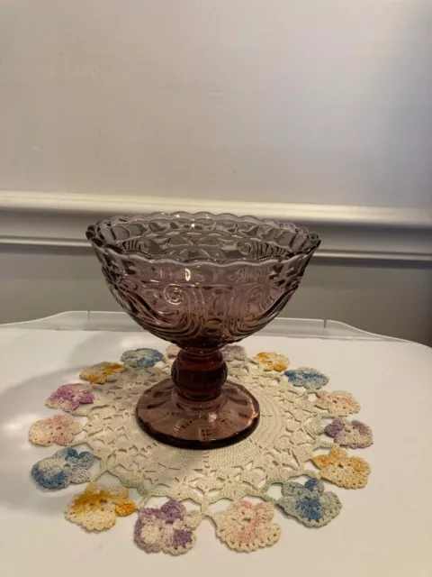 Mid-Century Amethyst Scalloped Edge Glass Compote Pedestal Candy Dish