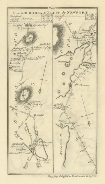 #209 Loughrea to Bruff by Newport. Mountshannon Galway. TAYLOR/SKINNER 1778 map