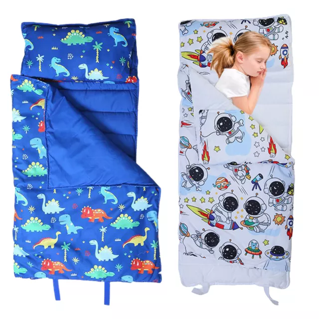 Blanket Bag Rollup Toddler Nap Mat with Cartoon Print Removable Pillow Roll-up