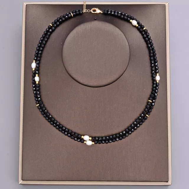 2 rows Faceted Round Black Onyx Cultured White Freshwater Pearl Choker Necklace