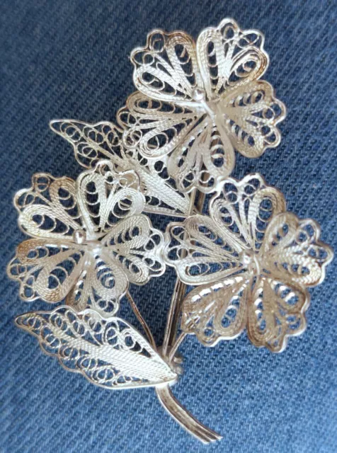 Ladies 925 Sterling Silver  Vintage Filigree Brooch , Preowned