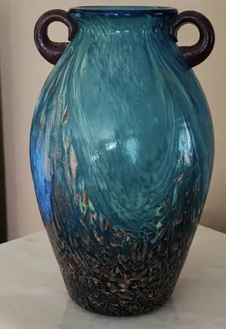 PIER 1 Loetz Style Teal Blue Green Aqua Marine Copper Art Glass Vase 7.5" Tall