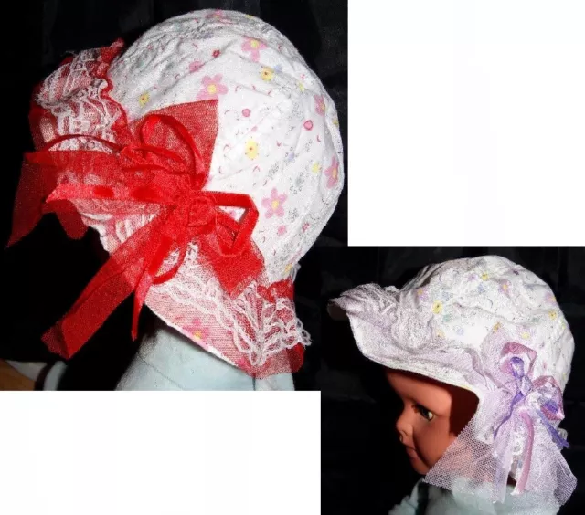 CHAPEAU BOB ETE FILLE 49 cm 50 cm BEBE DENTELLE BLANC ROUGE VIOLET ROMANTIQUE