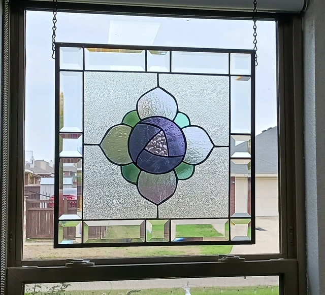 VICTORIAN Stained Glass Panel - 16 3/8" 16 1/2"HMD-US Iridized purple &violet