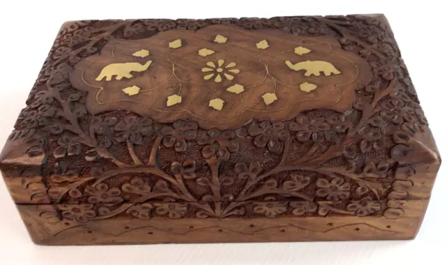 Wooden Box Jewellery Trinket Hand Carved Elephant Tree/Flower of Life - VGC 💐💐