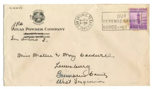 Atlas Powder Company 1942 Chemicals Explosives envelope WW2 Joplin San Antonio