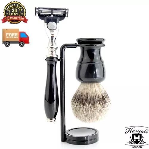 Mens Shaving Gift Set 3 Edge Razor, Silvertip Shaving Brush & Stand Grooming Kit