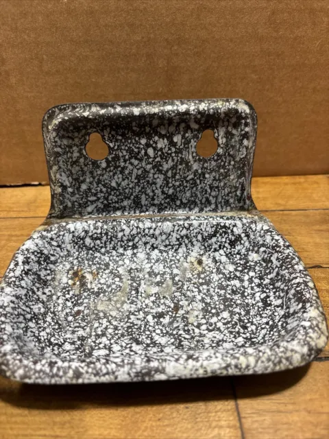 Antique Grey White Enamelware Wall Mounted Soap Holder Vtg Graniteware