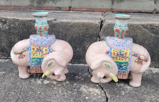 Chinese Export Famille Rose Elephant Candle Holders Pair Late 19th Century As Is