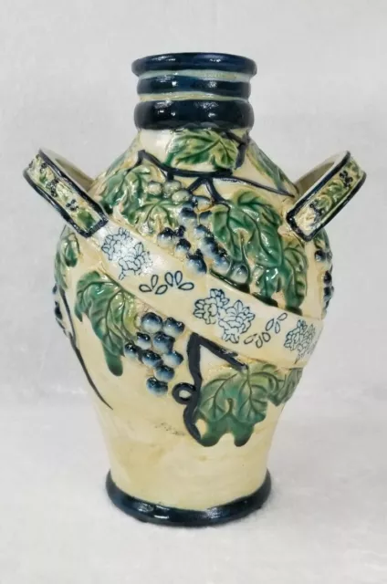 Vintage Grapes Majolica Glazed Pottery Vase With Handles 10” Tall
