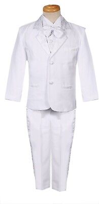 Boys Tuxedo suit set White Formal 5 piece Paisley Jacquard trim Fancy wedding