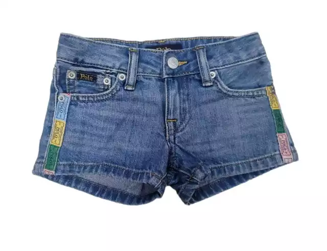 Polo Ralph Lauren Girls Denim Shorts Blue Logo Panels, Size 6X NWOT