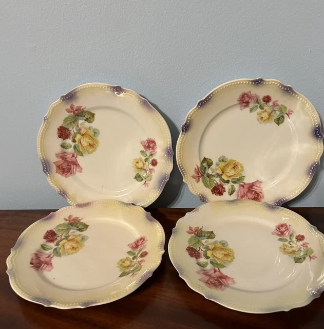 4 P K Silesia China Dessert Plates Pink & Yellow Roses 6”
