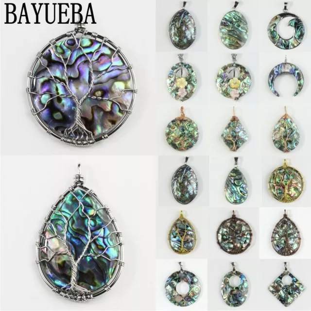 BAYUEBA Natural Paua Abalone Shell Tree of Life Pendant For Necklace Making