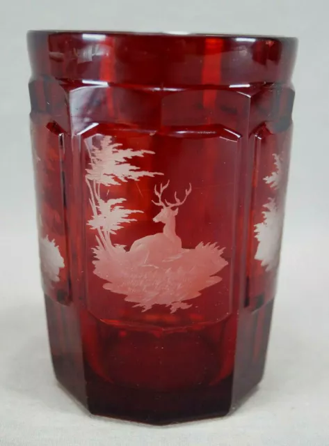 Mid 19th Century Bohemian Ruby Flashed Cut Panels Engraved Hunt Scenes Tumbler