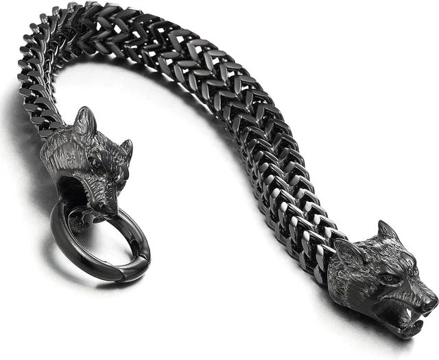 Biker Mens Stainless Steel Wolf Head Franco Link Curb Bracelet with Spring Ring