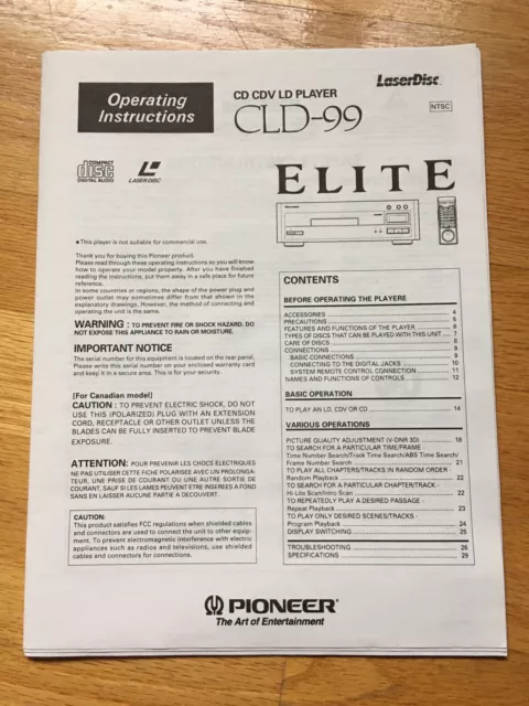 MANUEL PIONEER ELITE pour CLD-99,