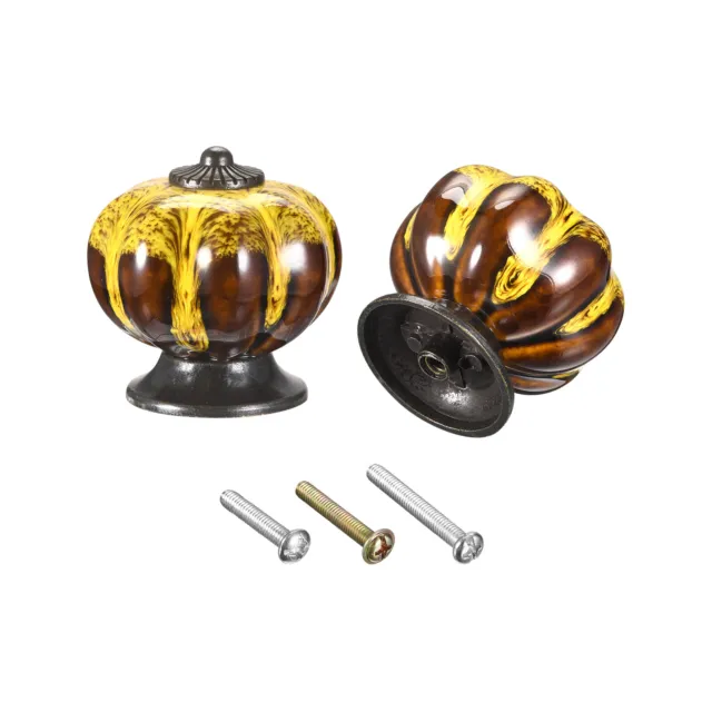 Ceramic Drawer Knobs 2Pcs Pumpkin Handles Pulls 40mm Dia. W Screws Stripe Yellow