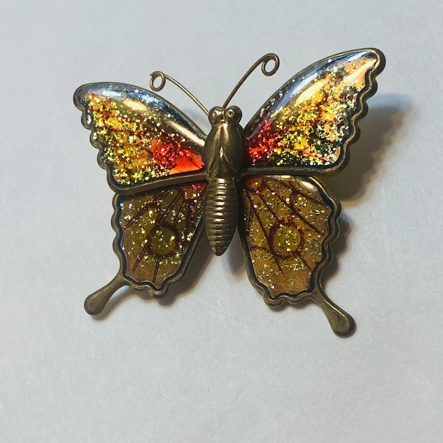 Vintage Tin Butterfly Pin Brooch Lapel Pin Glitter Sparkle Colorful Enamel