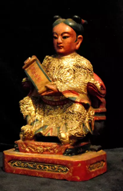 Qing Dynasty Rare Tai Sui Taoist Deity Hand Carved Wood Gold Gilt 19th c Statue