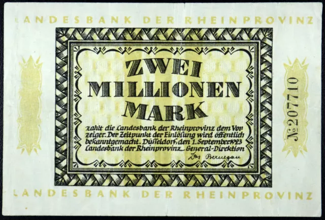 DÜSSELDORF 1923 "Landesbank der Rheinprovinz" 2 Million Mark Inflation Notgeld