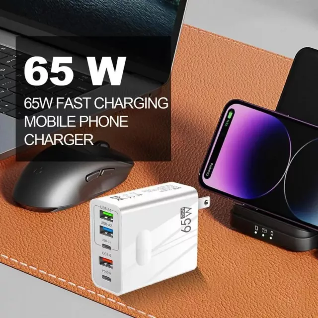 65W GaN Power Adapter Fast Travel Charger USB Type C Charging Plug 5 Ports Phone