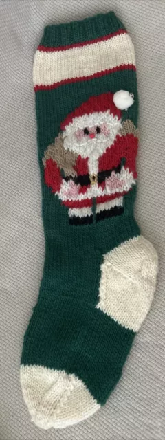 VINTAGE Christmas Stocking HAND KNITTED SANTA CLAUS RED GREEN 23” HAND KNIT~