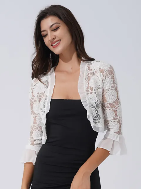 Women's Half Sleeve Floral Lace Shrug Cropped Open Front Bolero Party Cardigan