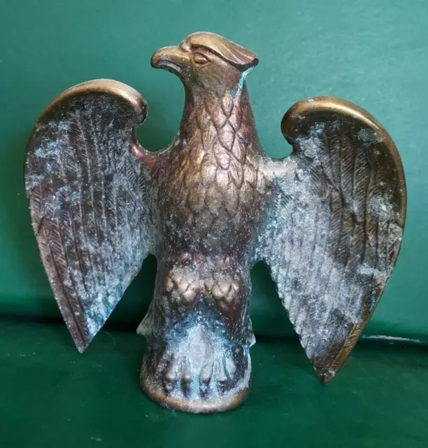 Vintage cast Brass Eagle Flag Pole Topper Statue verdigras 6.5in T