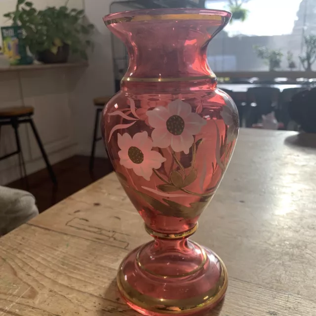 Bohemian Moser Style Art Glass Vase Enamel Hand Painted Pink With Gold Trim