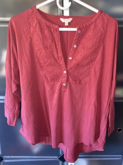 Lucky Brand 3/4 Sleeve Bib Henley Embroidered Tee in Red Women's Size XL