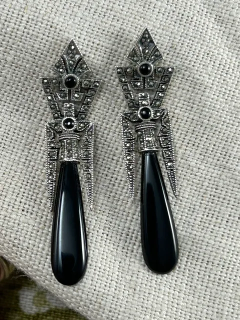 VINTAGE Art Deco style 925 silver and marcasite mounted BLACK ONYX drop earrings